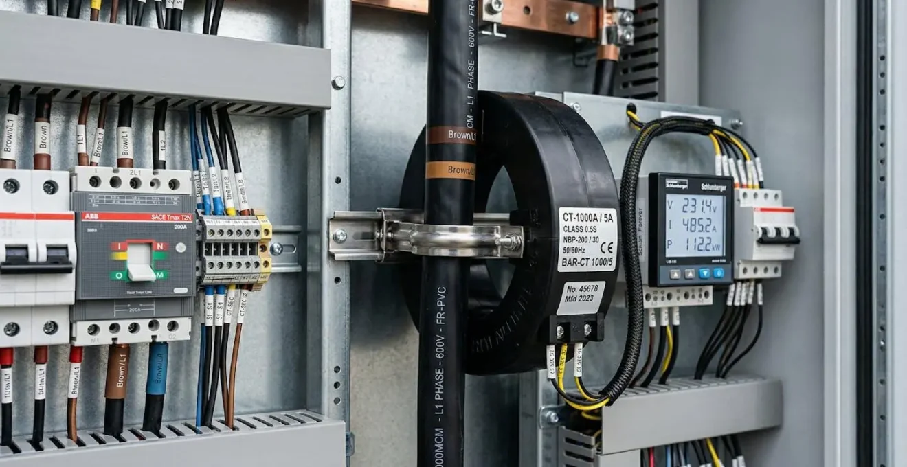 Gros plan sur un tore de mesure installé dans un tableau électrique moderne