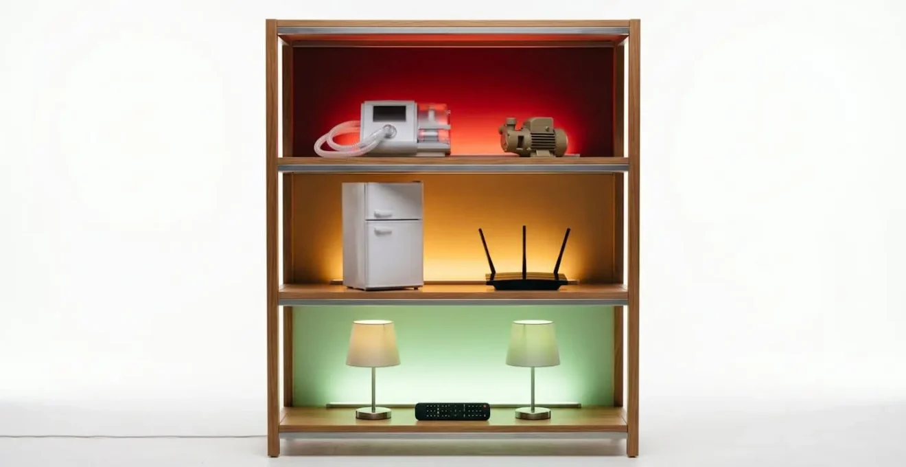 Vue détaillée d'un tableau de priorisation des appareils électriques avec trois niveaux visuels colorés