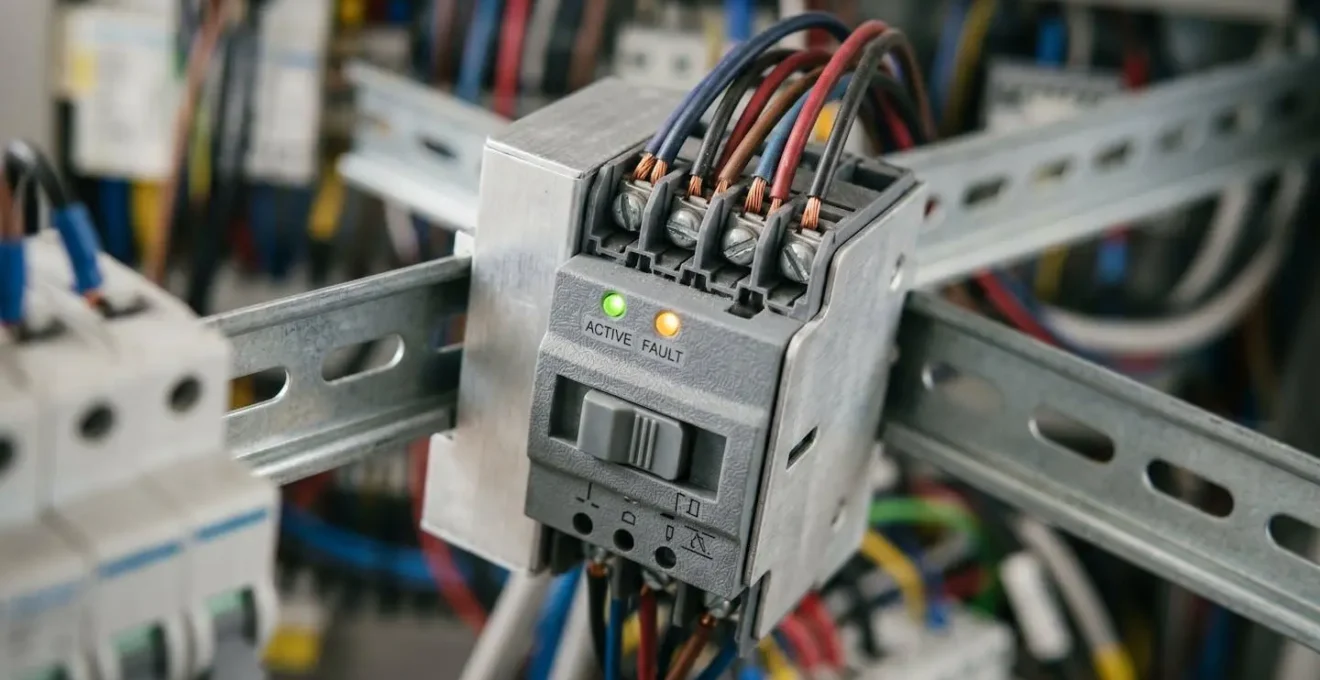 Vue macro détaillée de contacteurs et modules de délestage sur rail DIN avec indicateurs LED colorés