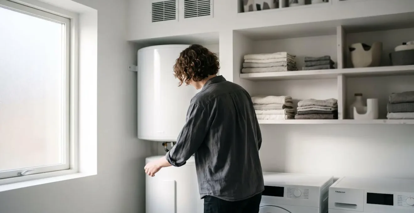Ballon thermodynamique installé dans une buanderie avec système de ventilation optimisé