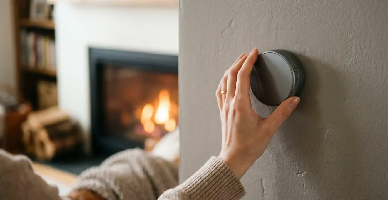 Main ajustant un thermostat moderne avec lumière chaude symbolisant le confort personnalisé