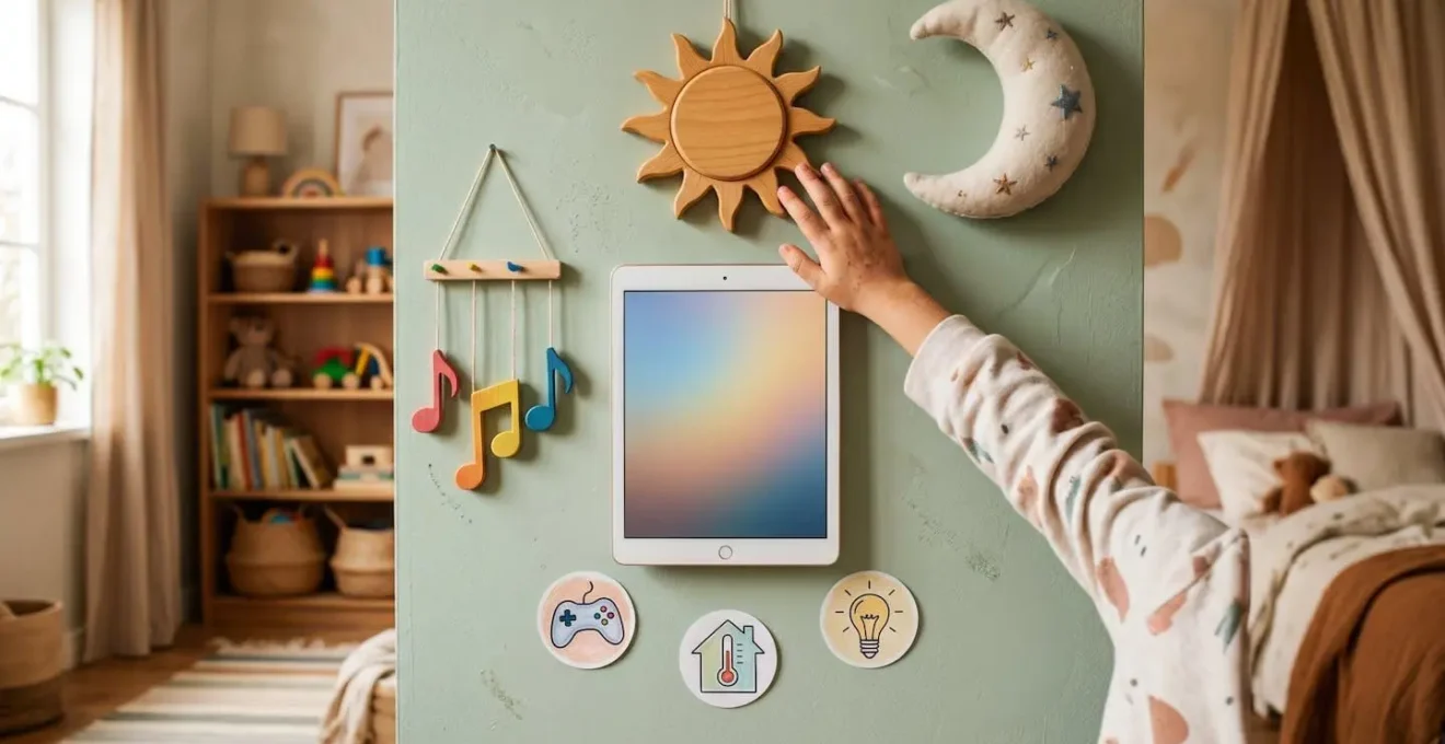 Interface simplifiée pour enfant avec gros boutons colorés représentant soleil, lune et note de musique