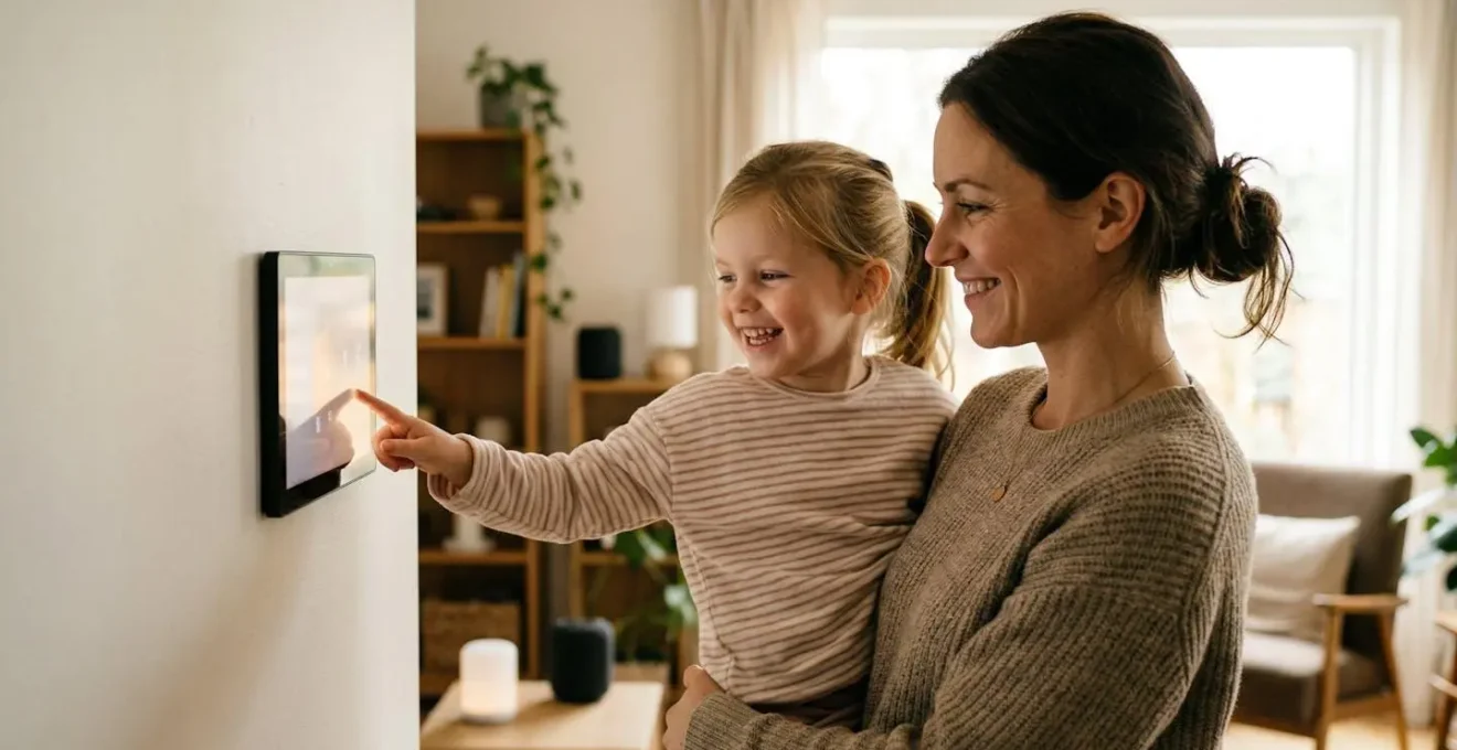 Interface domotique centralisée sur tablette murale dans un intérieur moderne