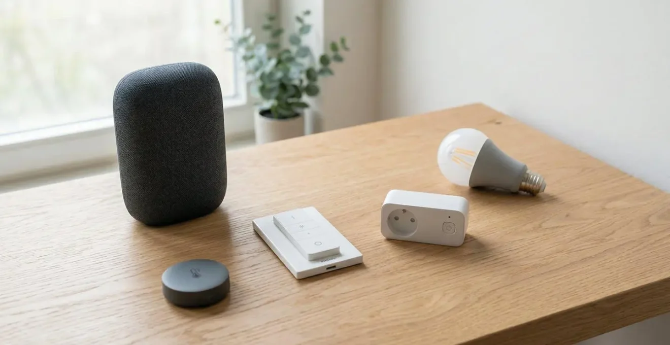 Composition minimaliste d'objets domotiques essentiels disposés sur une surface en bois clair