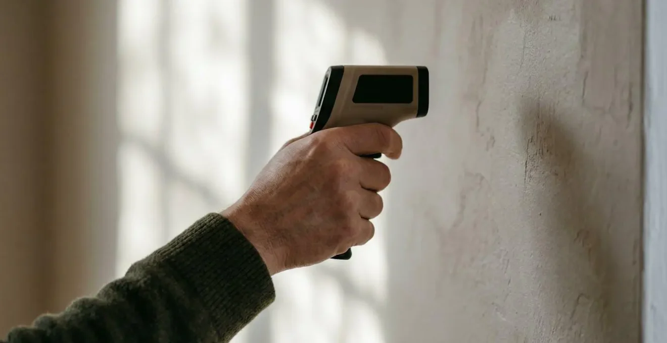 Personne mesurant la température d'un mur avec un thermomètre infrarouge