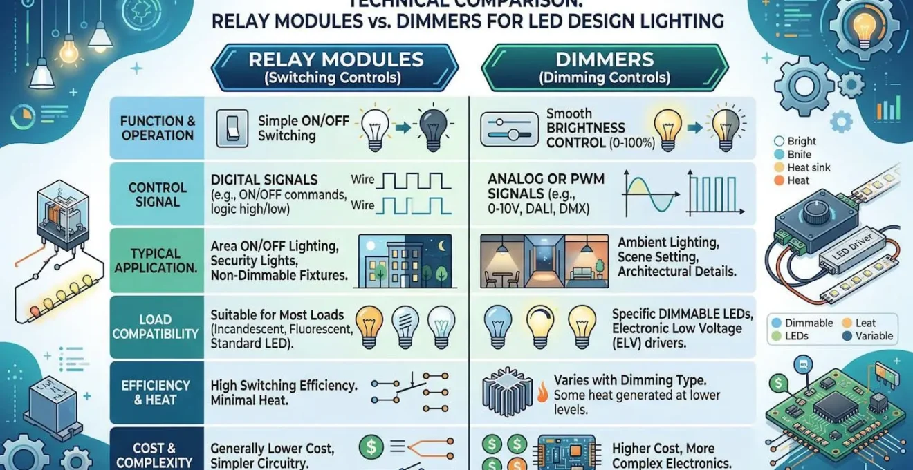 Comparaison technique entre modules relais et variateurs pour éclairages LED design