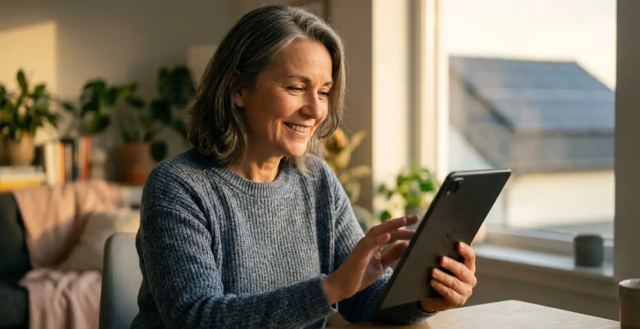 Propriétaire consultant l'historique de production solaire sur tablette pour diagnostic immobilier