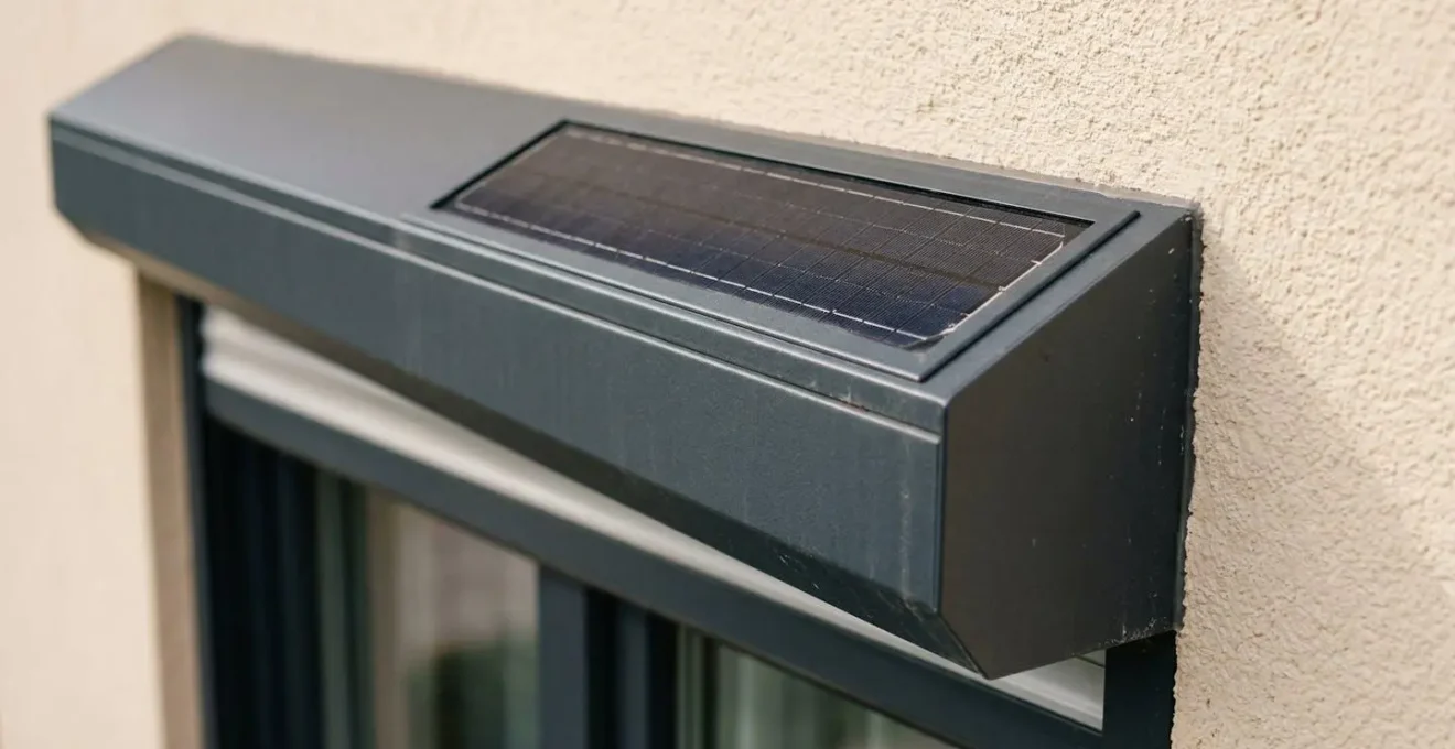 Gros plan sur panneau solaire discret intégré au coffre d'un volet avec ombres douces