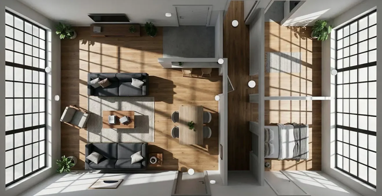 Vue aérienne d'un intérieur de maison montrant le positionnement stratégique des détecteurs