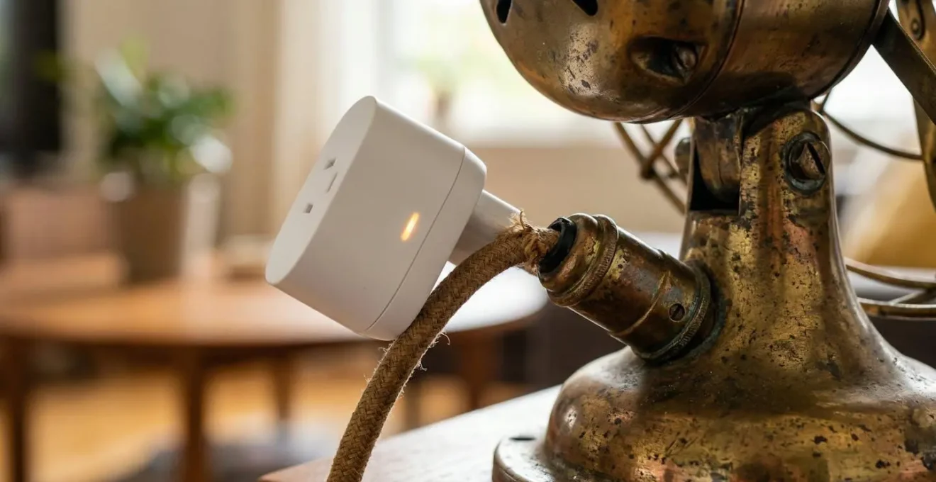 Gros plan sur une prise connectée branchée à un ventilateur rétro dans un intérieur moderne