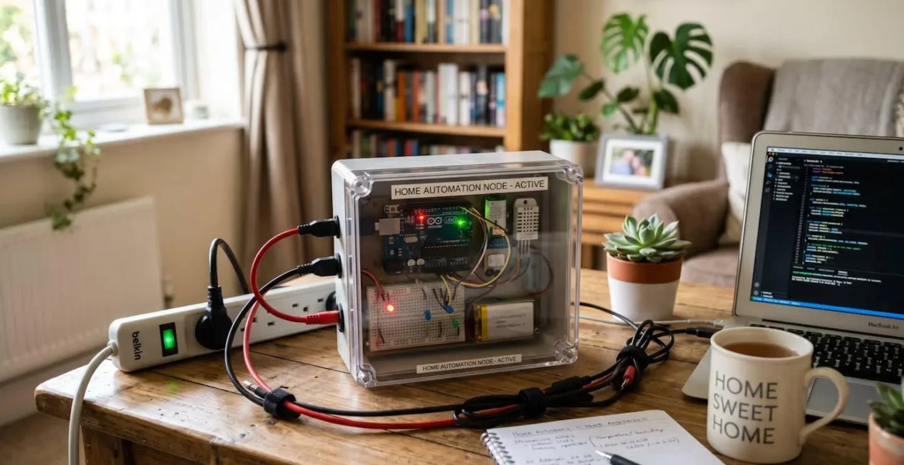 Vue macro de composants électroniques protégés dans un environnement domestique