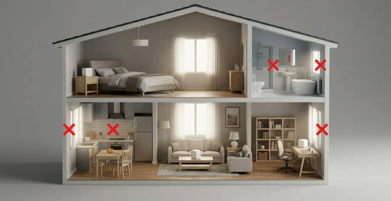Vue aérienne schématique d'une maison montrant les emplacements optimaux pour les capteurs
