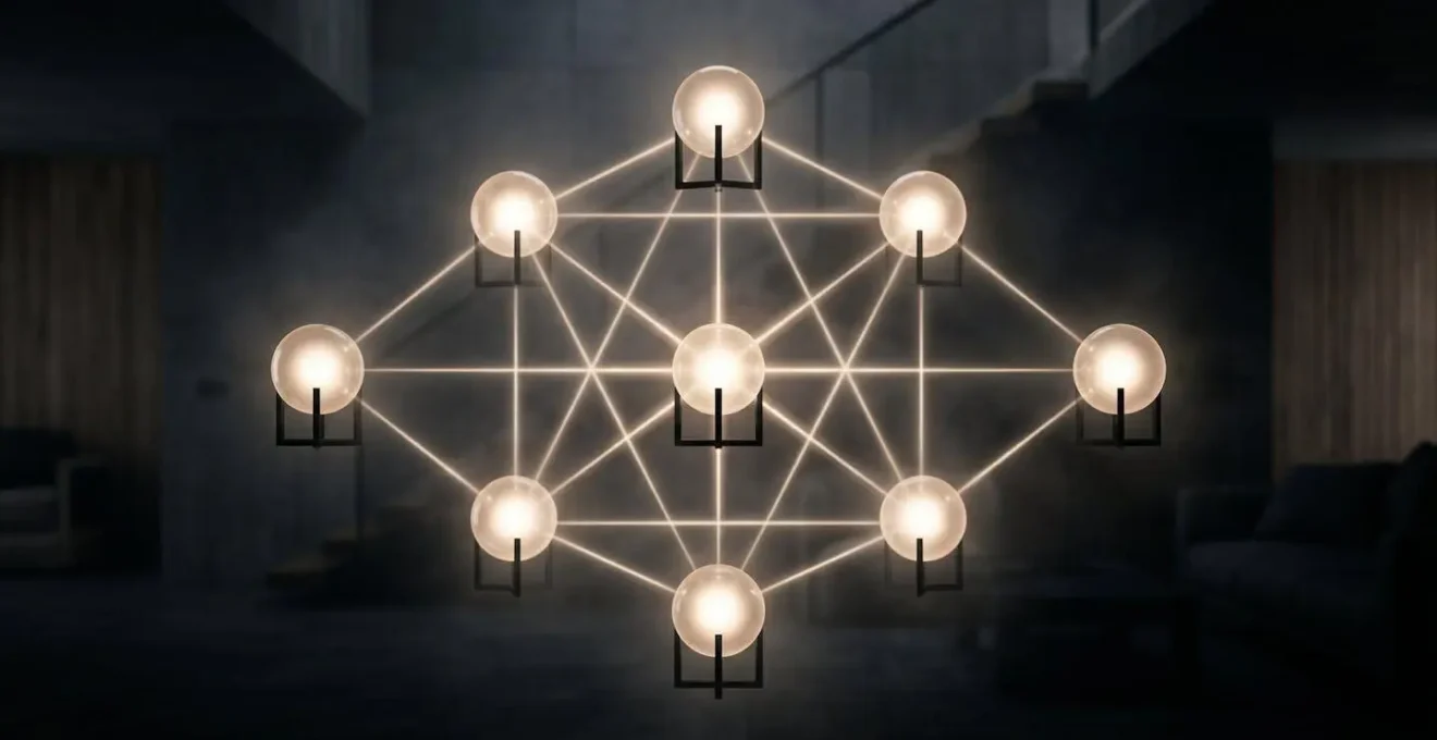 Visualisation d'un réseau maillé Zigbee avec capteurs et routeurs dans une maison