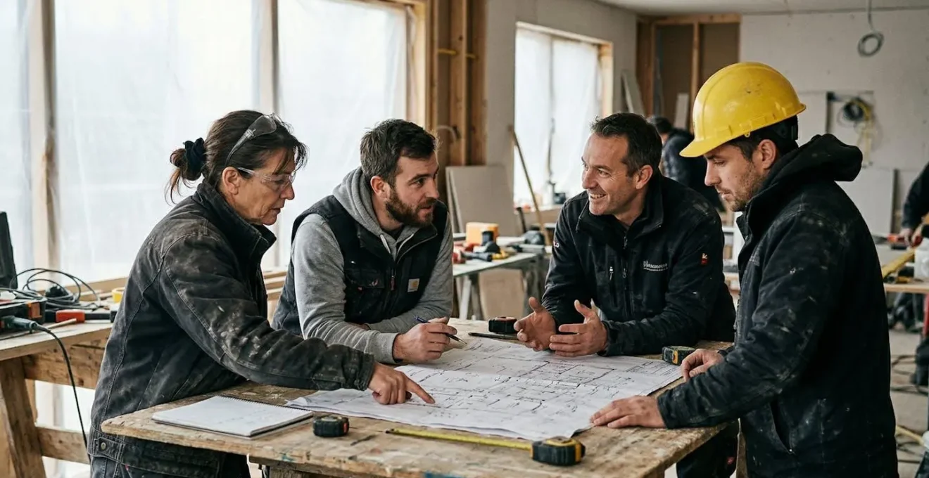 Réunion de coordination entre artisans sur un chantier de rénovation