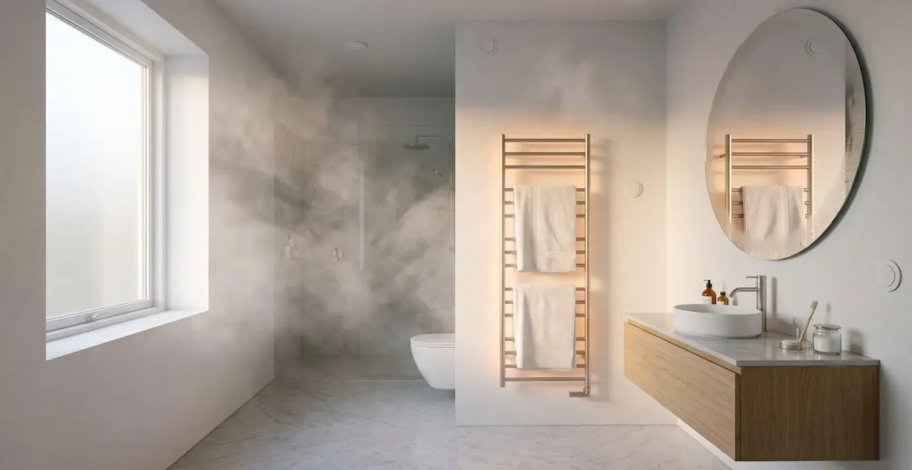 Salle de bain moderne avec système de chauffage intelligent et capteurs
