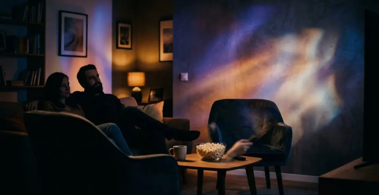 Salon plongé dans une ambiance cinéma avec éclairage indirect créant une atmosphère immersive