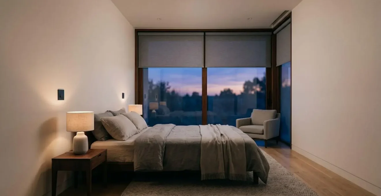 Chambre moderne au crépuscule avec éclairage tamisé et dispositifs domotiques intégrés