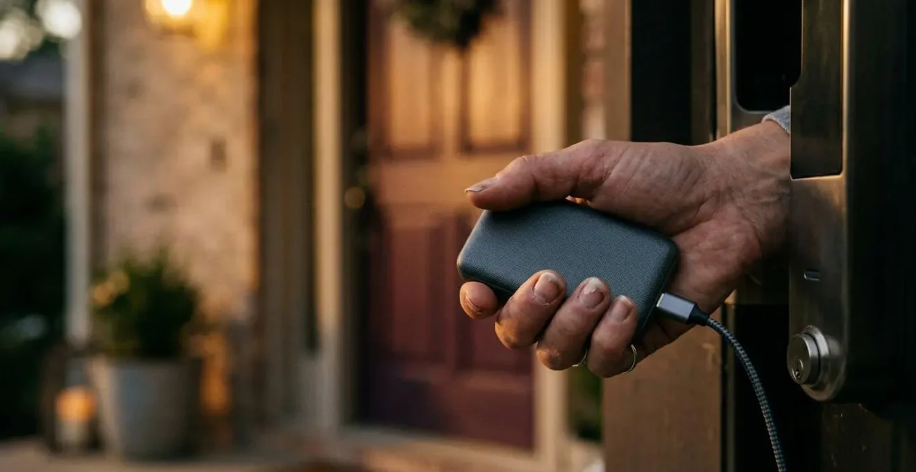 Main tenant une batterie externe connectée au port USB d'une serrure intelligente dans une situation d'urgence