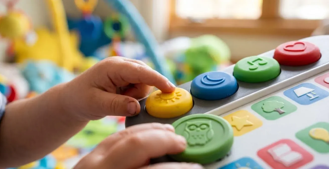 Enfant utilisant un panneau de contrôle domotique avec pictogrammes colorés et boutons tactiles