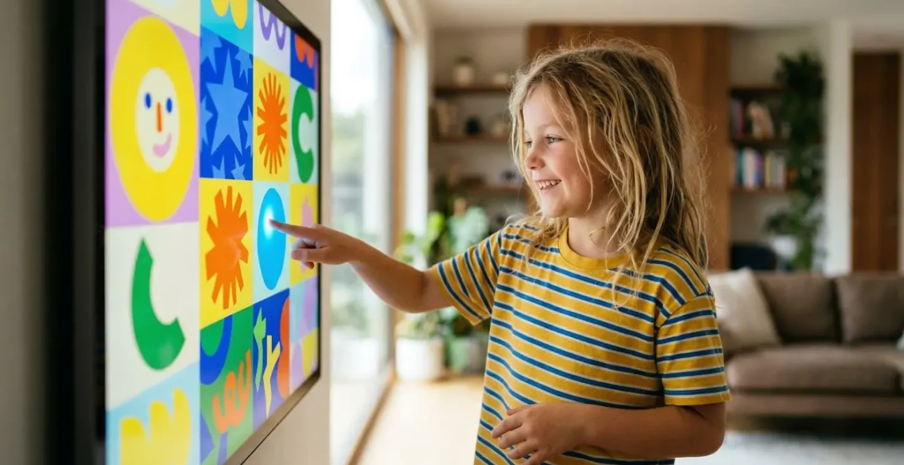 Écran tactile mural affichant une interface colorée avec de grandes icônes intuitives pour enfants