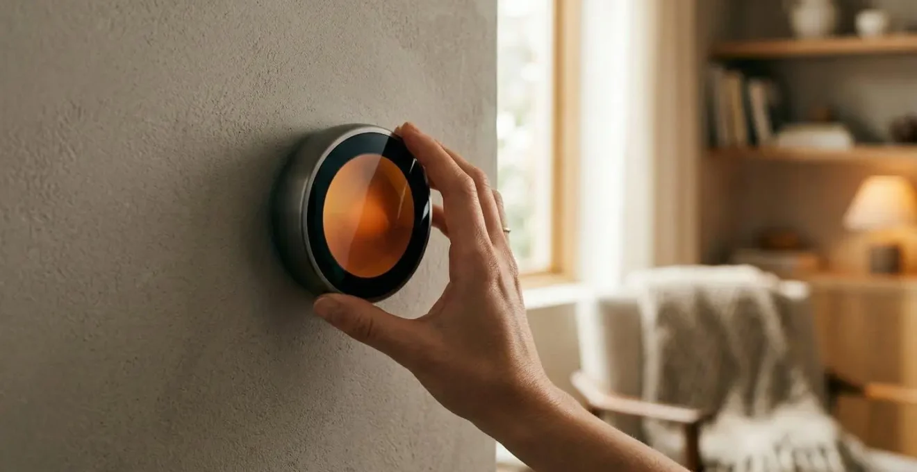 Thermostat intelligent moderne installé sur un mur avec indicateurs visuels d'économie d'énergie