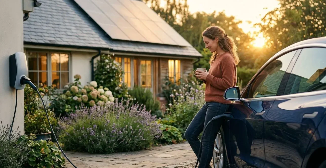 Véhicule électrique en charge avec énergie solaire résidentielle dans une allée de maison.