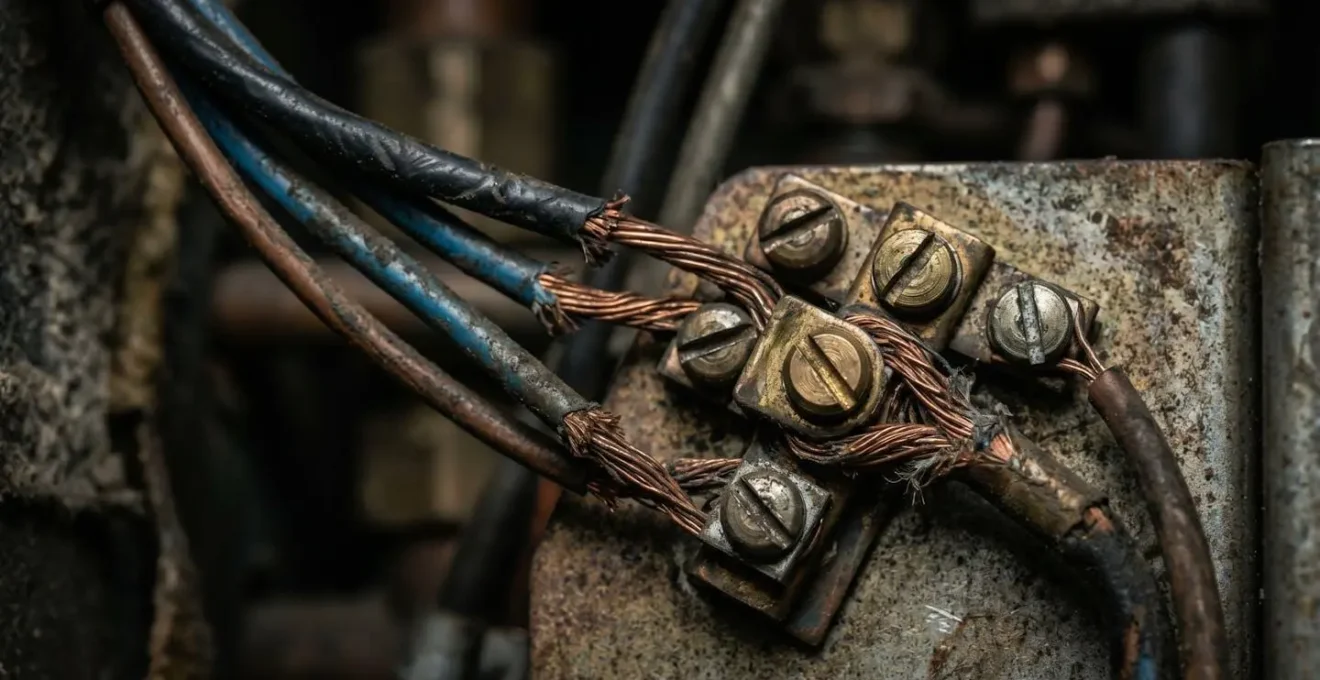 Gros plan sur les bornes de connexion d'une chaudière avec fils de connexion