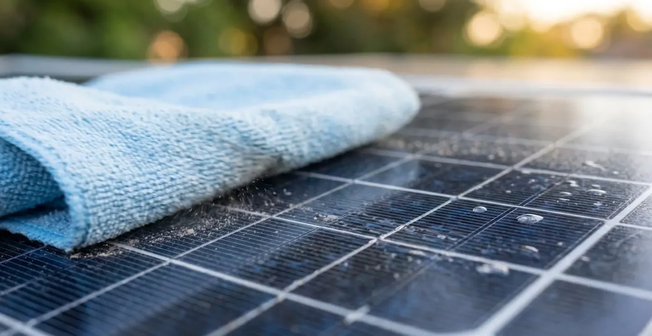 Gros plan sur le nettoyage minutieux d'un capteur solaire de store banne avec un chiffon en microfibre.