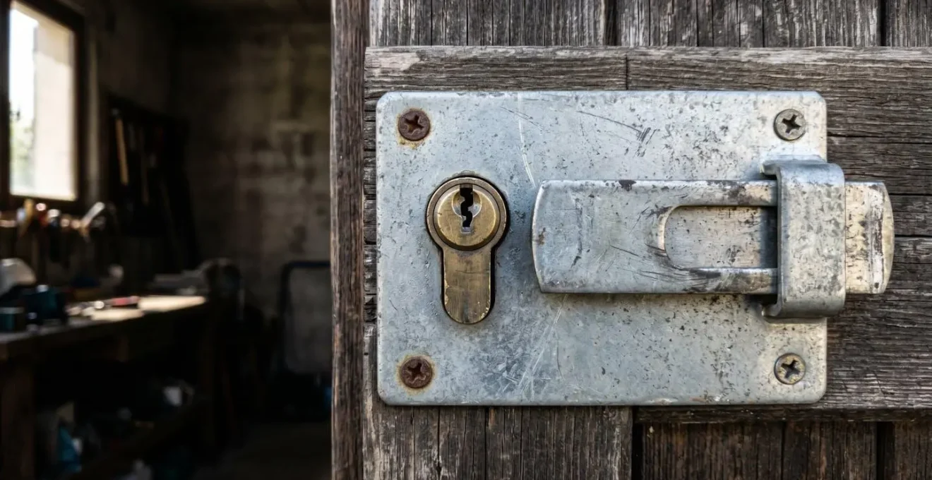 Gros plan d'une serrure de porte de garage basique à pêne simple, mécanisme métallique légèrement usagé visible, éclairage latéral naturel