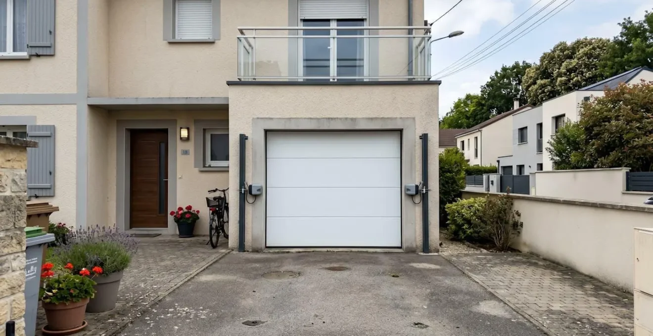 Porte de garage sectionnelle blanche fermée avec détecteurs de mouvement latéraux visibles sur les montants, façade pavillonnaire française moderne en crépi beige