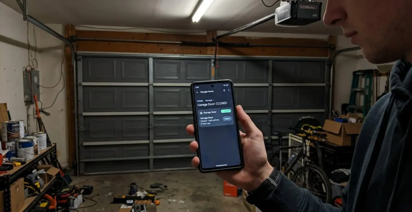 Écran de smartphone affichant une interface d'application domotique avec statut porte de garage indiquant fermée et verrouillée, badge de notification visible